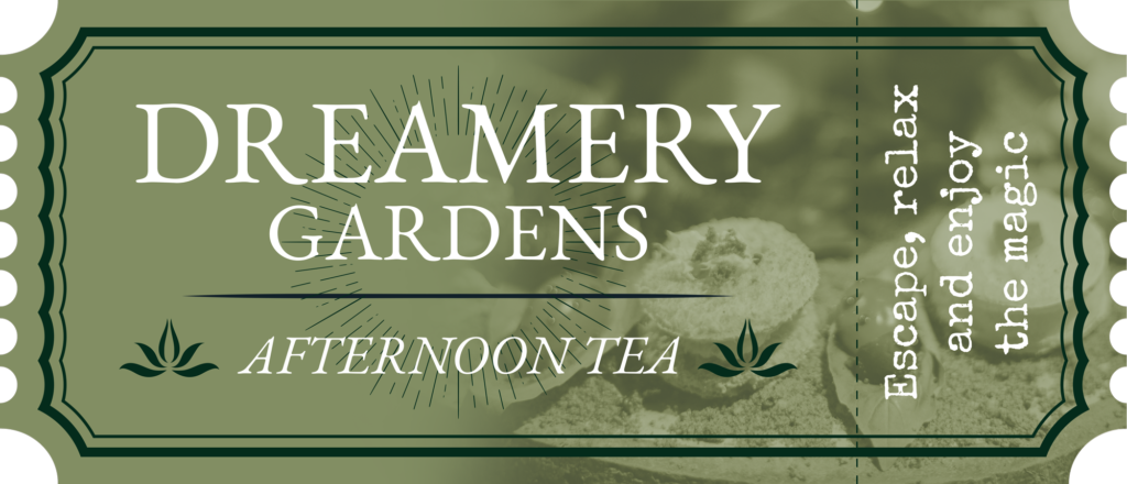 Dreamery Gardens Afternoon Tea ticket featuring a magical woodland-inspired design with delicious homemade afternoon tea.