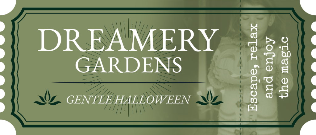Dreamery Gardens Gentle Halloween ticket featuring a child holding a pumpkin in a magical woodland setting for a family-friendly Halloween event.