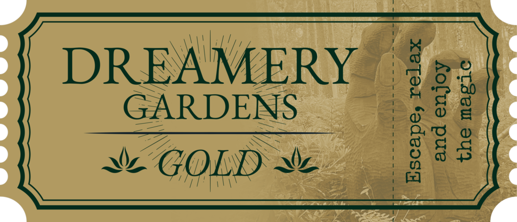 Dreamery Gardens Gold entry ticket featuring enchanted woodland carvings and a magical forest-inspired design.