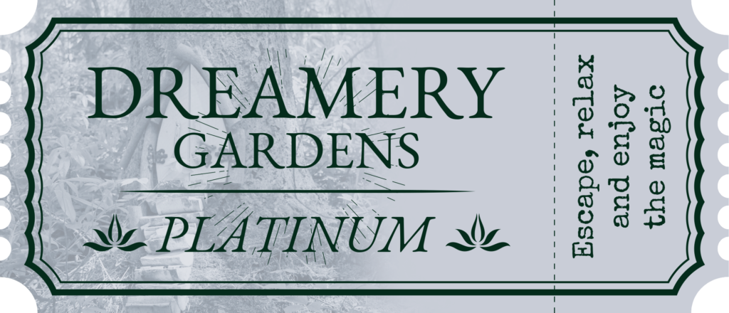Dreamery Gardens Platinum entry ticket featuring an enchanted fairy door and magical woodland design.
